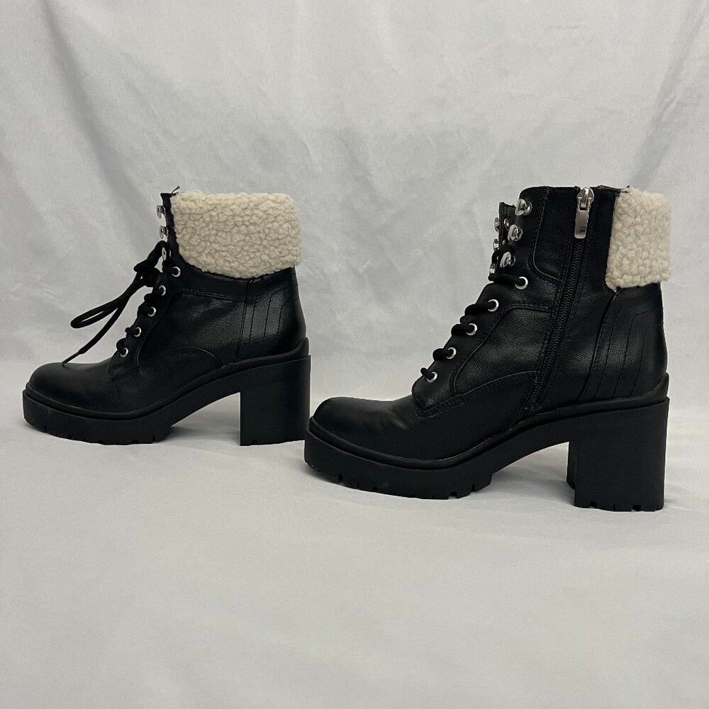 Women's Lace Up Black Ankle Boots with Cream Faux Fur Lining